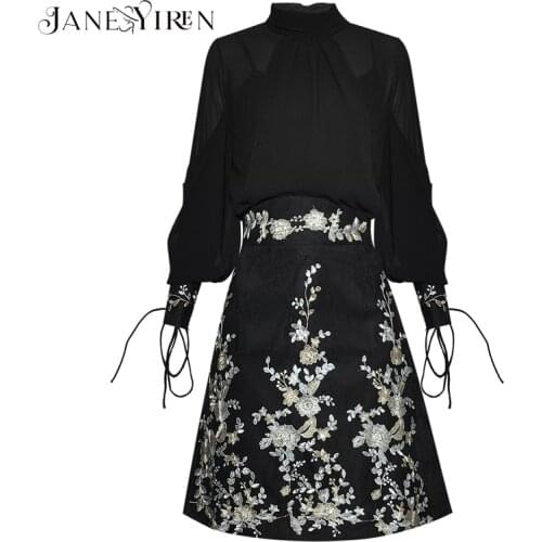 Janeyiren Fashion Designer Set Spring Womens Lantern Sleeve Shirt Tops+Embroidery Sequins Skirt Two-piece set