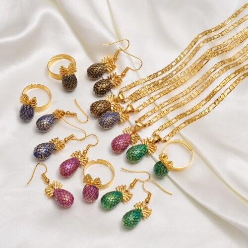 Anniyo Hawaiian Jewelry sets Pineapple Pendant Necklaces Earrings Ring Ananas Micronesia Guam Papua New Guinea Jewelry #133716