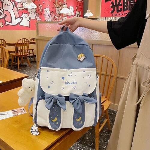 2021 New Cute Rabbit Ear Student Schoolbag Girl Bowknot Large Capacity Backpack Fresh Print Campus Backpack Hot Sale