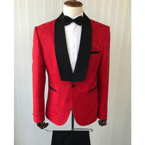 Brand New Groomsmen Red Pattern Groom Tuxedos Shawl Black Lapel Men Suits Wedding Best Man Blazer ( Jacket+Pants+Tie ) C524