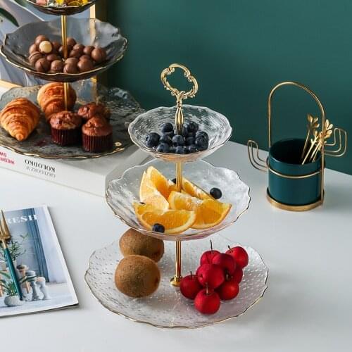 Embossed Glass Fruit Tray Three-tier Dessert Rack Cake Tray Hotel Service Tray Table Decoration Kitchen Storage Supplies