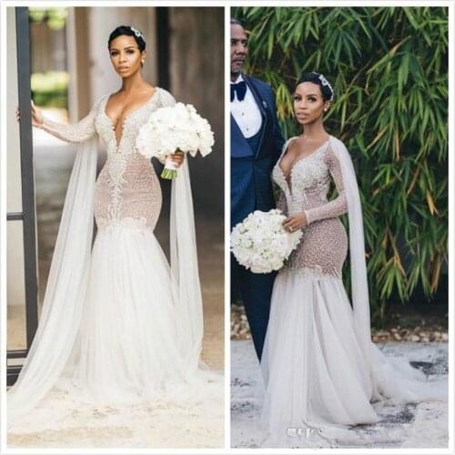 Luxurious Wedding Dresses Beaded Crystals Bridal Gowns Long Sleeves Mermaid Custom Made Robe de mariée