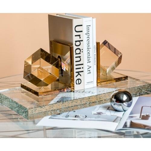 Luxury Modern Geometric Cube Amber Crystal Ornament Bookcase Decor Bookend Creative Decoration Desktop Accessories Artwork Gifts