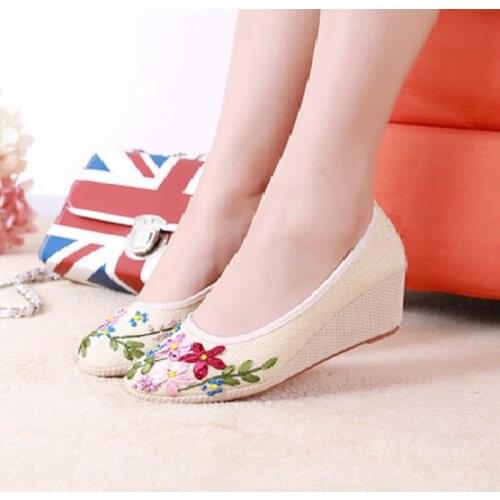 Spring Summer Autumn Retro China Style Embroider Shallow Sewing Women Pumps Slip-On Wedges Breathable Lady Fabric Shoes 20190520