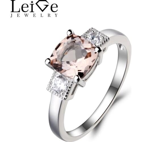 Leige Jewelry Real Natural Pink Morganite Ring Engagement Ring Cushion Cut Gemstone 925 Sterling Silver Gifts for Girlfriend