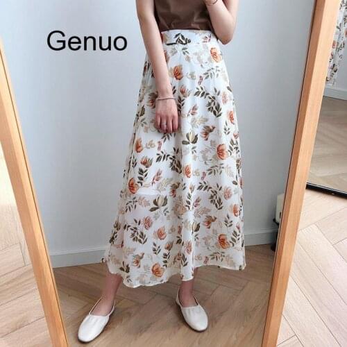 Women Midi Skirt 2020 Spring Summer High Waist Chiffon Casual Floral Print Female Skirts Maxi Beach Tutu Skirt Femme