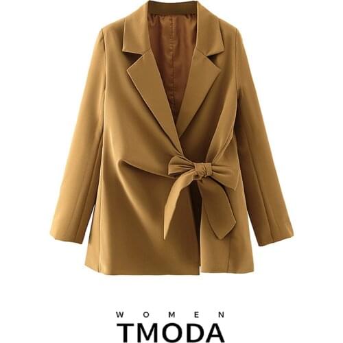 TMODA390 Women 2020 Fashion With Bow Tied Wrap Loose Blazer Coat Vintage Long Sleeve Female Outerwear Chic Tops Black