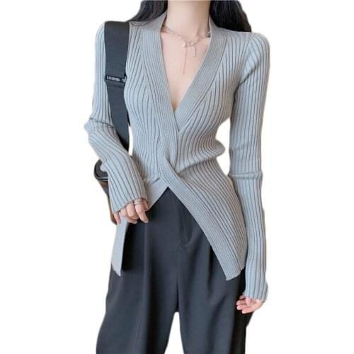 WSYORE Spring and Autumn Cross V-neck Knitted Tops Women Slim Wild Long-sleeved Split Bottoming Sweater Female NS2769