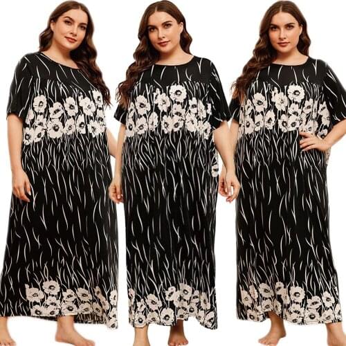 Plus Size Printed Muslim Women Long Dress Arab Middle East Dubai Kaftan O-neck Kaftan Summer Short Sleeve Maxi Robe Abaya Islam