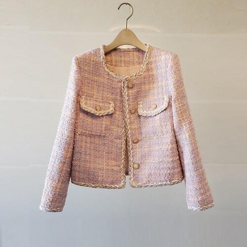 OL Work Wear 2021 Women Pink Plaid Wool Tweed Coat Jacket Casual High Quality Warm Overcoat Fashion Tweed Coats With Two Pockets