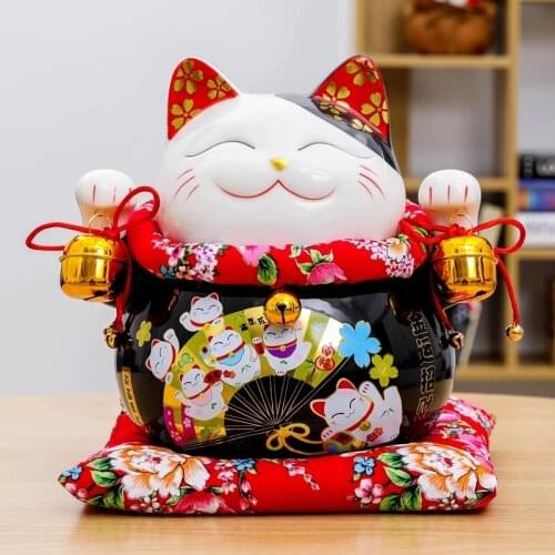 10 inch Japanese Ceramic Maneki Neko Lucky Cat Statue Porcelain Black Fortune Cat Money Box Fengshui Ornament Home Decoration