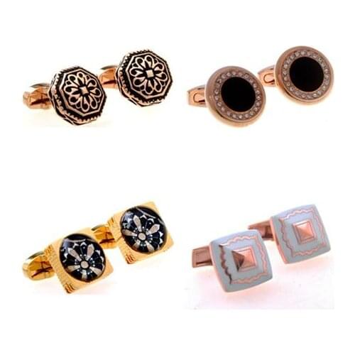 10pairs/lot Vintage Gold/Rosegold Enamel Cufflinks Square/Round Retro Pattern Cuff Links Business/Wedding Gift Mens Jewelry