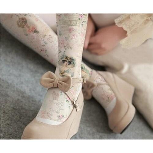 80D Women Sweet Harajuku Lolita Pantyhose Velvet Print Rose Floral Silk Stockings Japanese Kawaii Tights D072