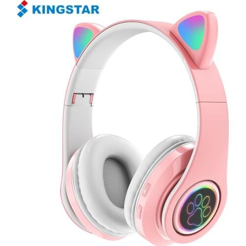 KINGSTAR Cute Cat Bluetooth Headphones with Mic Wireless Headsets Deep Bass Noise Reduction Sport Gaming Earphones For PC Phone