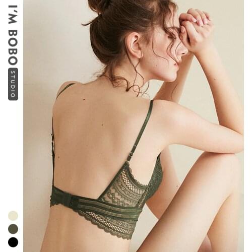 French ultra-thin triangle cup wireless underwear womens lace beautiful back off the-shoulder large U-shaped backless bra