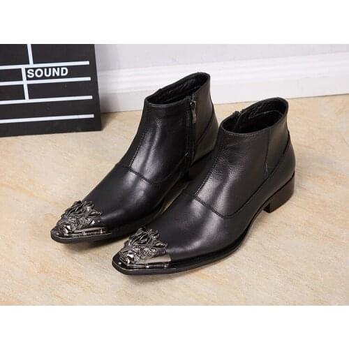 Metal decoration black genuine leather ankle boots side zipper flats formal dress bota masculina winter military boots shoes men