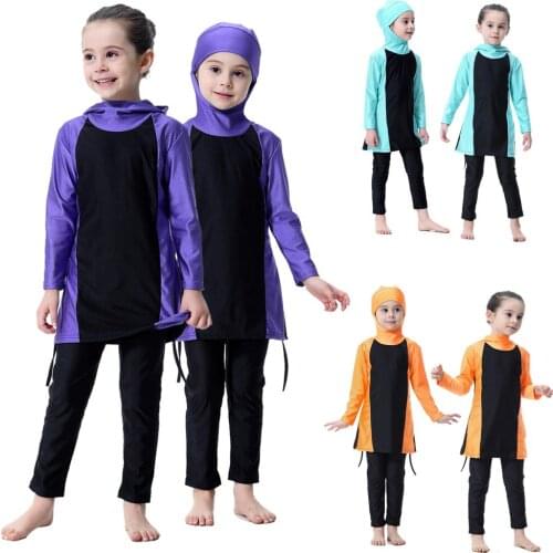 Kids Muslim Swimwear Hooded Tops Pants 2pcs Girls Modest Swimsuit Swimming Bath Pants Diving Suit Arab Islamic Girl Beachwear