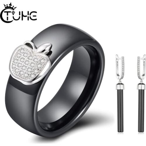 Elegant Chic Simple Fruit Apple Shaped Ceramic Rings With Long Drop Ceramic Earrings For Women Girls Wedding Engagement Jewelry