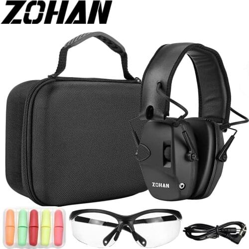 ZOHAN Electronic Noise Reduction Earmuffs NRR 22 dB Hearing Protection Set With Big Case, Goggles, Cable And 5 Pairs Of Earplugs