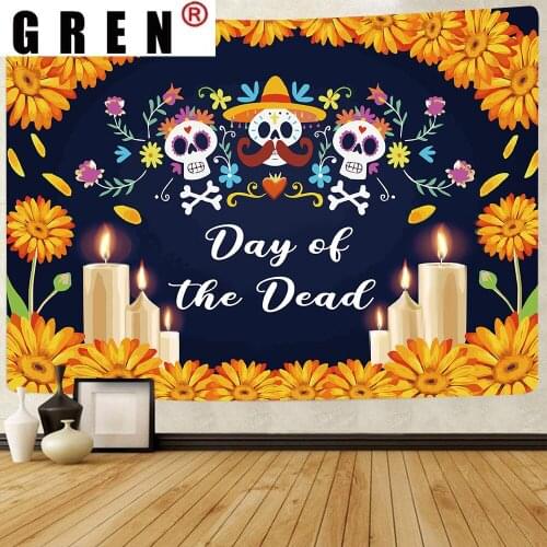 GREN Psychedelic Tapestry Day of The Dead Backdrop for Mexican Fiesta Sugar Skull Wall Hanging Tapestries for Living Room Decor