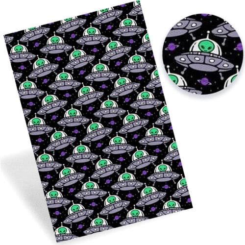 IBOWS Faux Leather Sheet Robot spaceship alien Printed Synthetic Leather Fabric DIY Craft Hairbows Handmade Material 22*30cm /pc