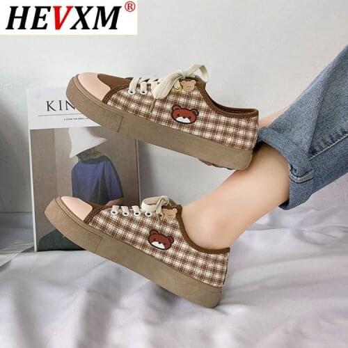 Cute Bear plaid Canvas Shoes Womens 2021 Casual Lace Up Running Sneakers Autumn Students Kawaii Brown Flat Low vulcanize shoes