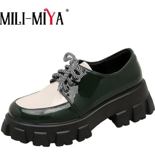 MILI-MIYA High Top Shoe Women Mixed Color Autumn Patent Leather Fashion Lace Up Round Toe Platform All-Match Comfort Casual Flat