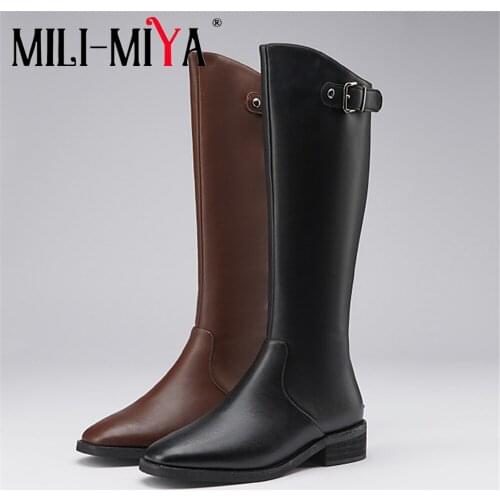 MILI-MIYA Classic Design Square Toe Women Full Genuine Leather Mid Calf Boots Solid Color Zipper Thick Heels Size 34-40 For Lady