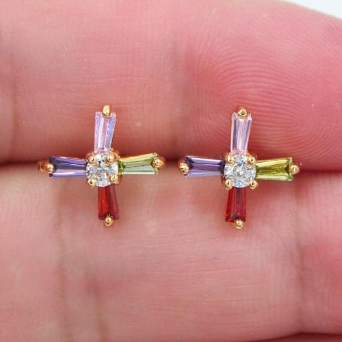 Fashion Jewelry Gold Color Rainbow Zircon Colorful CZ Cross Stud Earrings for Women