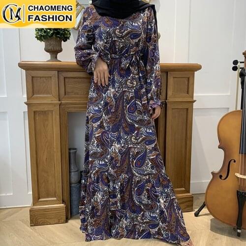 New Muslim Dress Floral Chiffon Printing Dress For Women Latest Flare Islamic Dresses Dubai Middle East Fashion Womet Dress