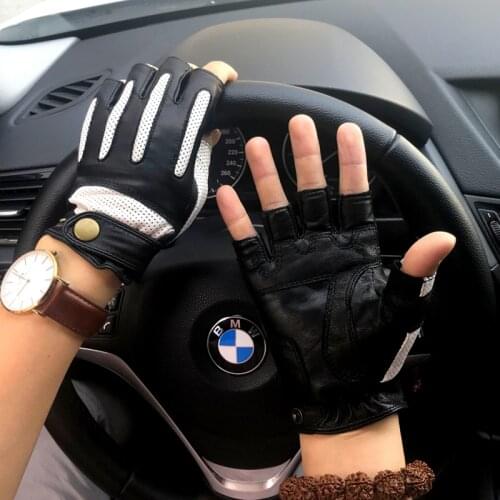 New Mens Leather Gloves Hole Button Breathable Goat Genuine Leather Mittens Fashion Summer Driving Men Gloves Half Finger Gloves