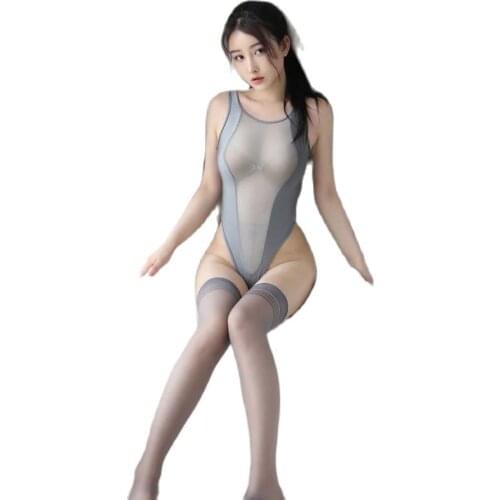 Sexy Cosplay Women Open Crotch High Cut Bodysuit With Stockings Ice Silk Nightgown Mesh Patchwork Crotchless Swimwear Sukumizu