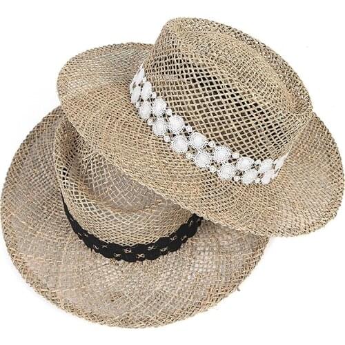 Straw Hat Women Lace Ribbon Summer Jazz Wide Brim Ladies Sunhat Shade Beach Sun Hats
