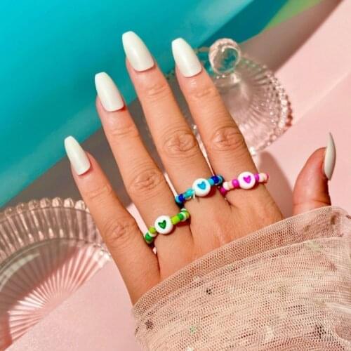 Cute Transparent Resin Acrylic Handmade Beaded Rhinestone Colourful Geometric Heart Round Rings for Women Jewelry Party Gift