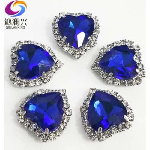 Factory sales Royalblue heart shape high-quality Crystal glass buckle,silver bottom sew on rhinestones Diy/jewelry accessories