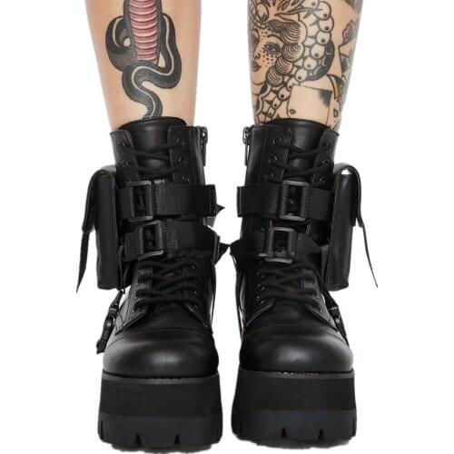 2021 Trend Chunky Combat Fall Boots Rivets Chains Women Pocket Boot Ladies Ankle Boots Platform Shoes Leather Autumn Winter