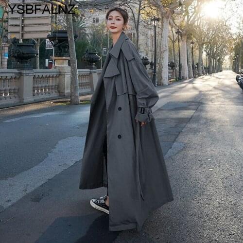 Korean Style Loose Oversized X-Long Womens Trench Coat Double-Breasted Belted Lady Cloak Windbreaker Spring Fall Outerwear Grey