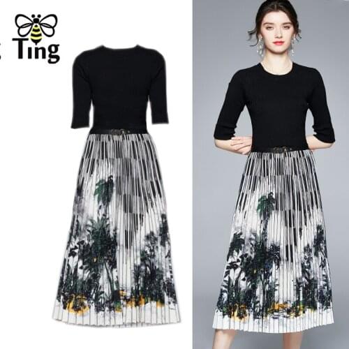 Tingfly Women Fashion Tropical Tree Print Pleated Midi Dress Vintage Elegant Summer Autumn New Casual Vestidos Trendy Robes Chic
