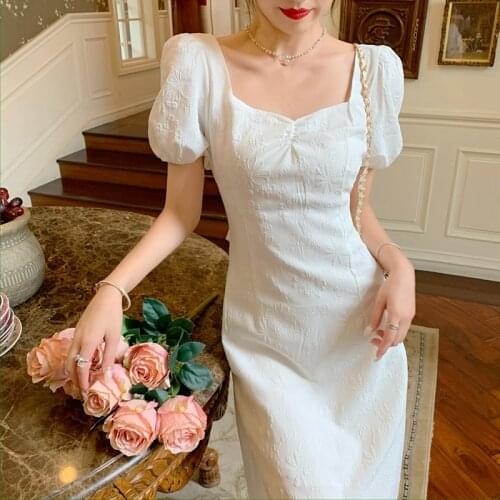 2021 Summer Womens Simple Elegant Casual White Long Dress Party Prom Beach Square Collar Puff Sleeve Retro Lovely Dresses Lady