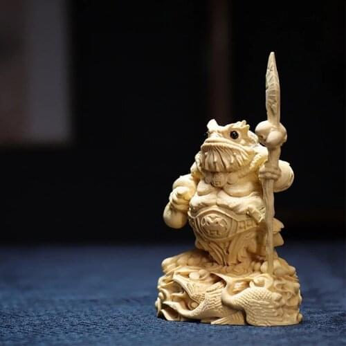 Boxwood 11cm Gold Toad General Sculpture Wood Carving Chinese Myth Animal Statue Lucky Mascot Home Decor