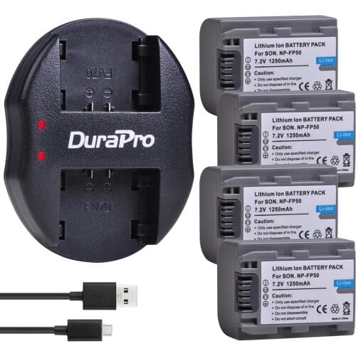 4pc 1250mAH NP FP50 NP-FP50 Battery + USB Charger for Sony NP-FP30 NP-FP50 NP-FP60 NP-FP70 NP-FP90 DCR-SX40 SX40r SX41 HDR-CX105