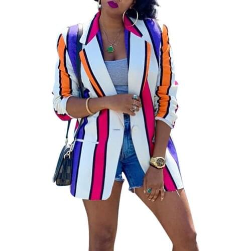 Blazers Women Fashion Street Multicolor Striped 2021 Spring Autumn New Mid Length Plus Size Streetwear Single Button Blazer Suit