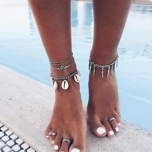 2 Style Boho Leaf Shell Yoga Om Leather Chain Pendant Tassel Anklet Female Creative Summer Beach Anklet Set Charm Jewelry