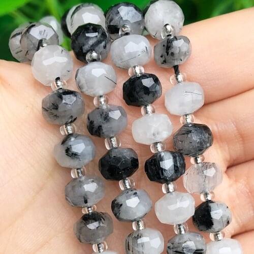Natural Faceted Black Rutilated Quartz Gem Stone Column Shape Loose Beads for Jewelry Making DIY Bracelet Accessories 7.5