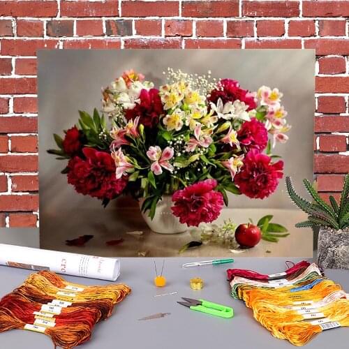 Flowers Vase Roses Printed 11CT Cross Stitch DIY Embroidery Set DMC Threads Handicraft Handiwork Painting Wholesale