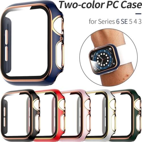 Two-color Glass Film with PC Cover for Apple Watch Case Series 6 SE 5 4 3 Screen Protector Bumper for Iwatch 40mm 44mm 38mm 42mm