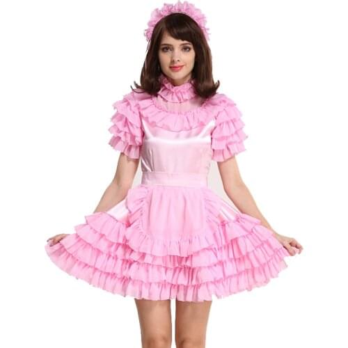 Gocebaby Lockable Sissy Maid Satin Pink Puffy Dress Cosplay Costume