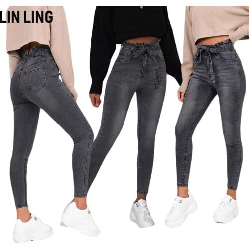 LINLING Well-dressed Smoky Grey Straight Jeans Casual Floral Bract High Waist Bodycon Lace Up Pants
