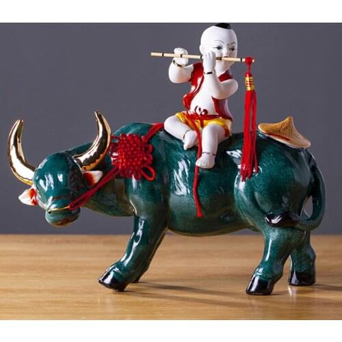 Jingdezhen Ceramics Shepherd Boy Riding Bull Classical Art Decorations Home Living Room Decorations Handicrafts Furnishings