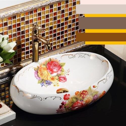 Ceramic Wash Basin China Artistic Handmade Ceramic washbasin Lavobo oval Countertop white bathroom sink wash basin rose pattern